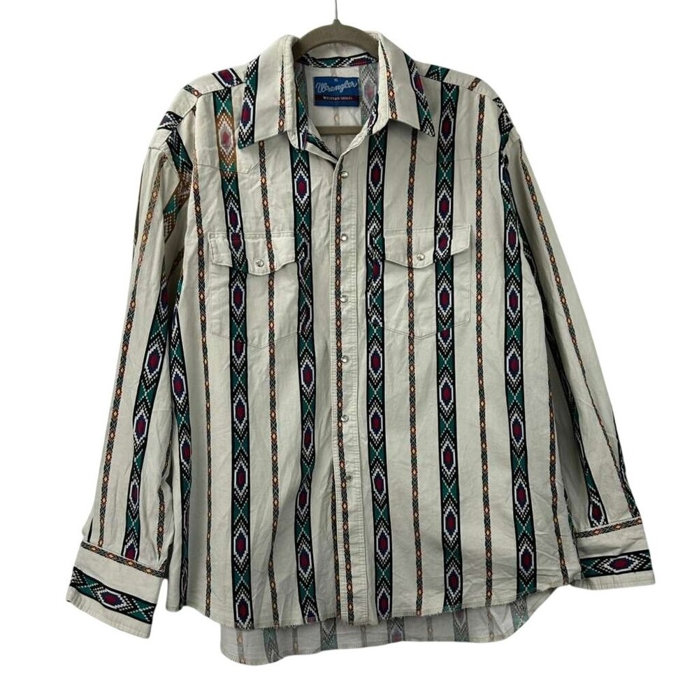 VTG Wrangler Western Shirts Men's Size XL Multicolor Aztec Stripe Pearl Snap